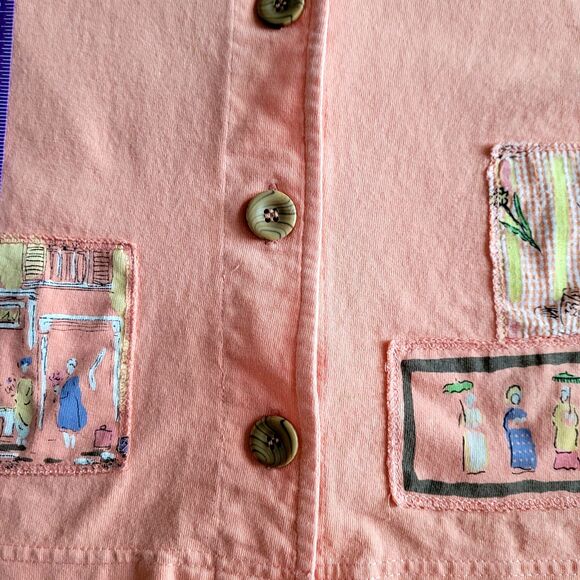 Onque Casuals Shirt Womens M Button Down Orange Flowers Vintage Cotton - Picture 7 of 11